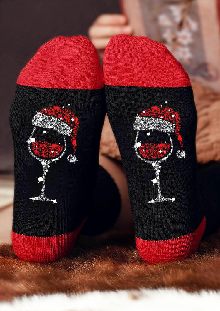 

Christmas Hat Wine Glass Glitter Crew Socks - Black, SCM009526