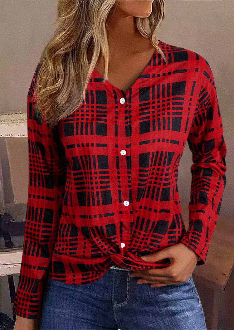 

Plaid Twist Button Long Sleeve Shirt - Red, SCM008573