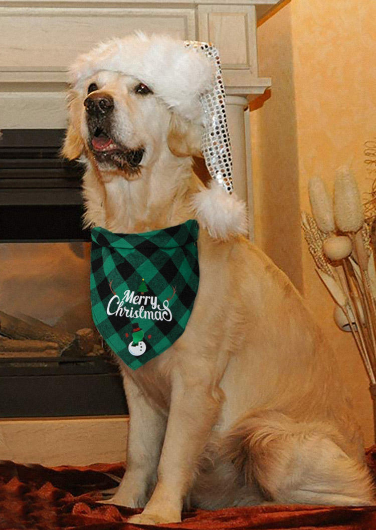 

Merry Christmas Santa Claus Plaid Pet Triangle Scarf, Green, SCM008587