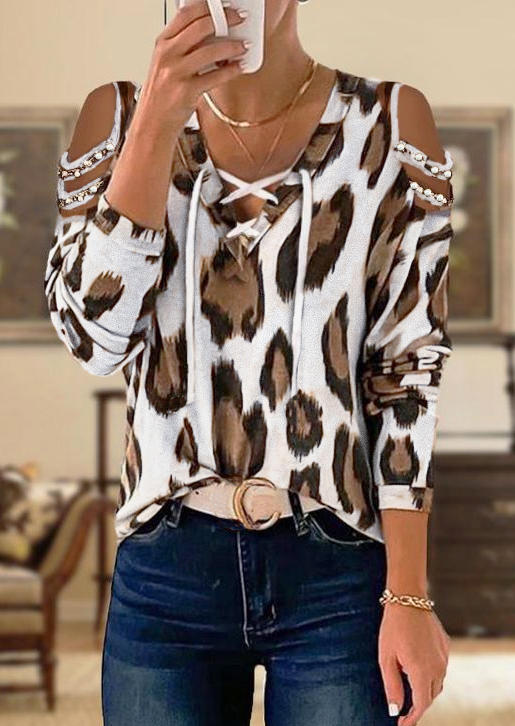 

Leopard Lace Up Pearl Cold Shoulder Blouse, Multicolor, SCM008736