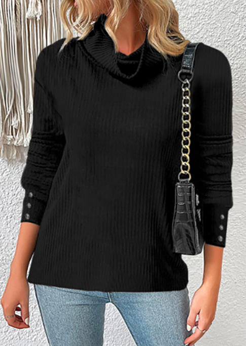 

Button Drop Shoulder Turtleneck Blouse - Black, SCM008919