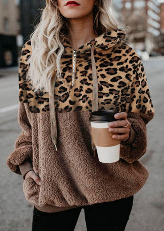 

Leopard Drawstring Pocket Zipper Fuzzy Hoodie - Brown, SCM008994