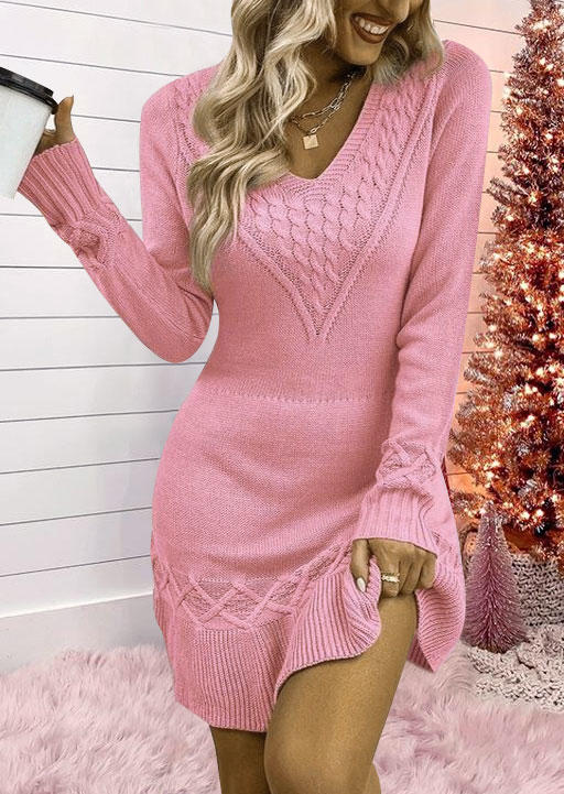 

Crocheted Long Sleeve Sweater Dress - Pink, SCM009105