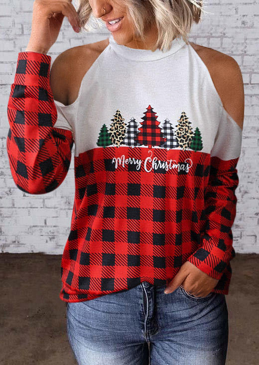 

Merry Christmas Leopard Plaid Tree Cold Shoulder Blouse, Multicolor, SCM009171