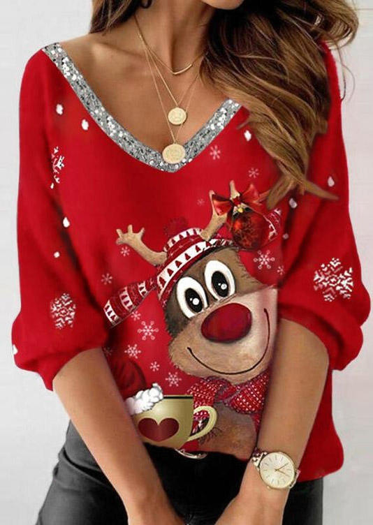 

Christmas Reindeer Snowflake Blouse - Red, SCM009244