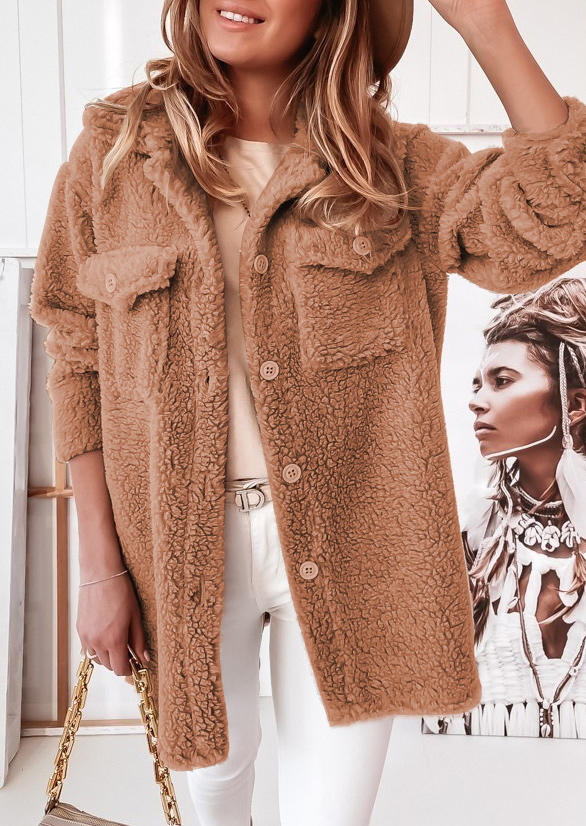 

Warm Plush Pocket Turn-down Collar Coat - Khaki, SCM009296