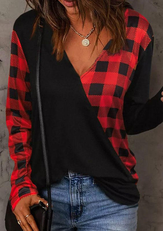 

Plaid Color Block Long Sleeve Blouse, Multicolor, SCM009303