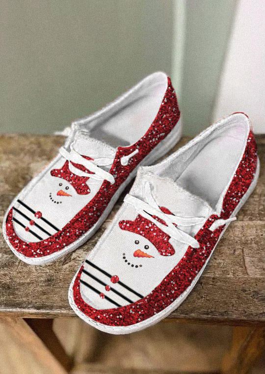 Christmas Snowman Glitter Slip On Flat Canvas Sneakers - Red