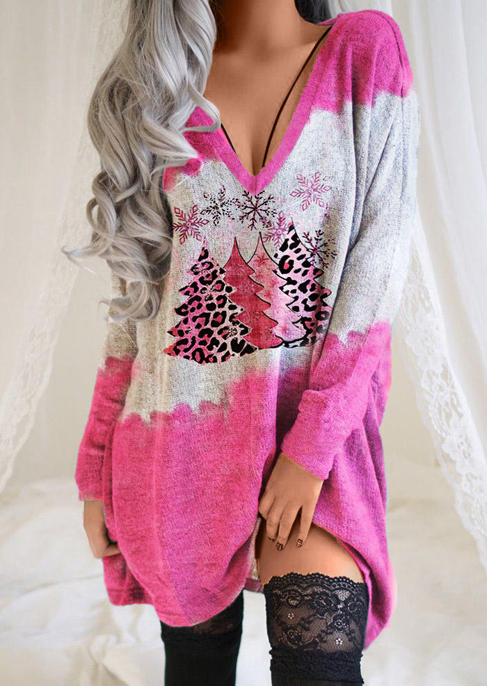 

Christmas Tree Snowflake Leopard Mini Dress - Pink, SCM009345