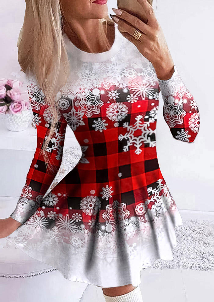 

Christmas Snowflake Plaid Gradient Mini Dress, Multicolor, SCM009349
