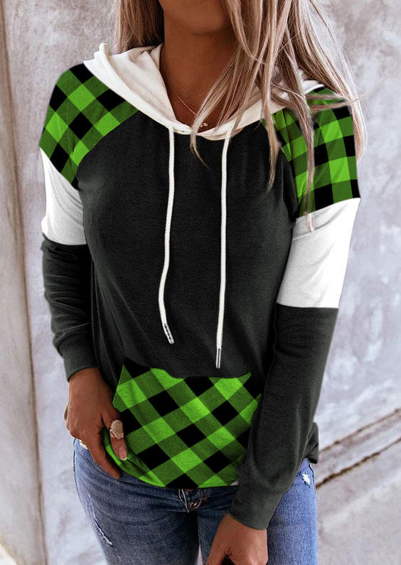 

Plaid Drawstring Kangaroo Pocket Hoodie - Black, SCM009375