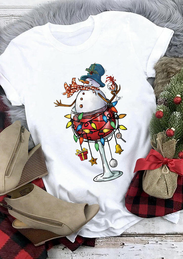 

Christmas Snowman Lantern O-Neck T-Shirt Tee - White, SCM009436