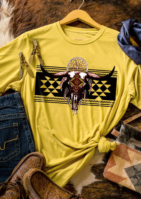 Aztec Geometric Steer Skull T-Shirt Tee - Yellow