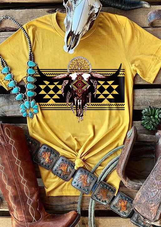 

Aztec Geometric Steer Skull T-Shirt Tee - Yellow, SCM009440