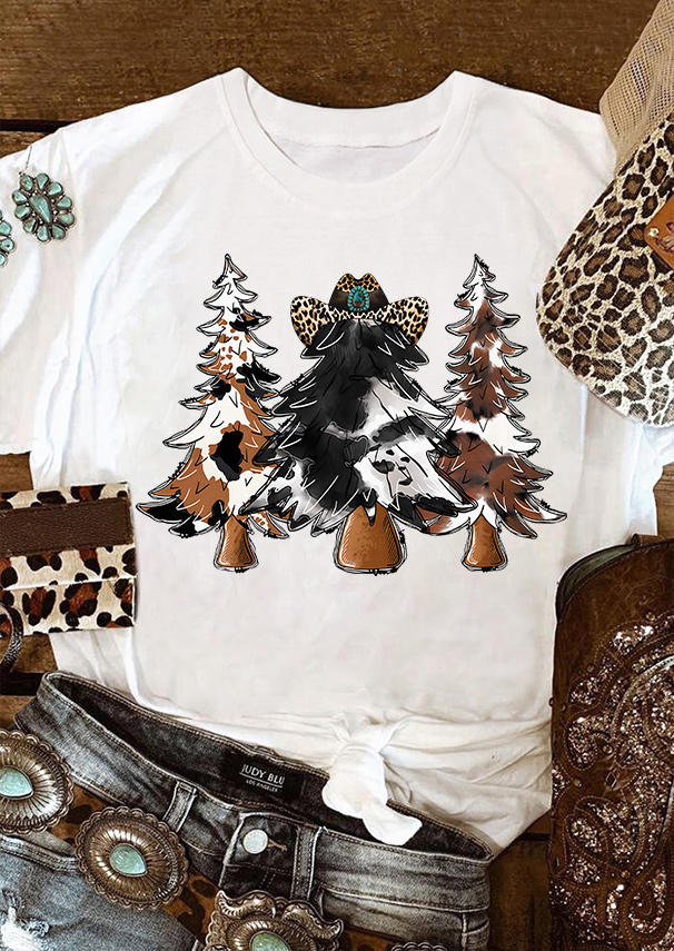 

Christmas Tree Cow Leopard O-Neck T-Shirt Tee - White, SCM009443