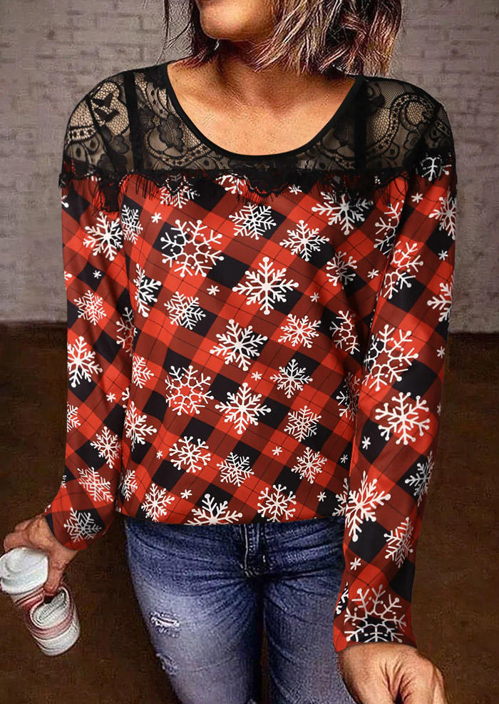 

Christmas Snowflake Plaid Lace Splicing Blouse, Multicolor, SCM009469