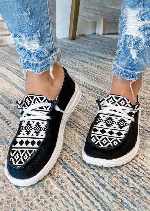 

Aztec Geometric Slip On Round Toe Flat Sneakers - Black, SCM009484