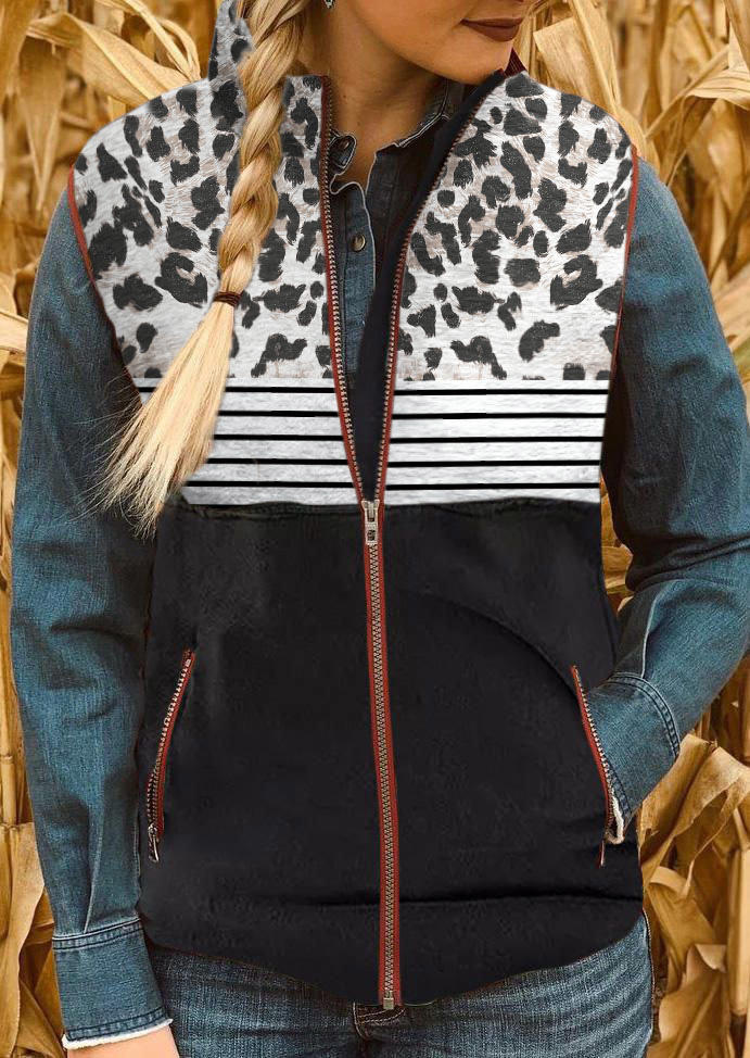 

Leopard Striped Pocket Zipper Vest Coat - Black, SCM009501