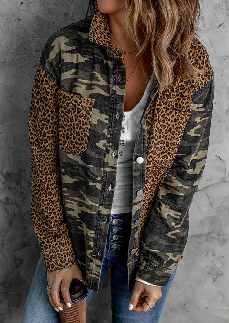 

Leopard Camouflage Pocket Button Coat, Multicolor, SCM009609
