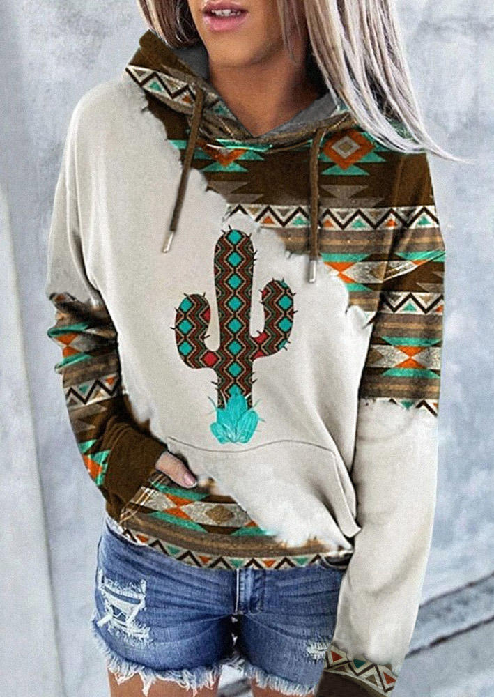 

Aztec Geometric Cactus Kangaroo Pocket Hoodie, Multicolor, SCM005364