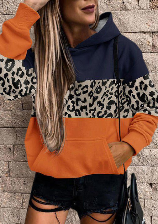 

Leopard Color Block Kangaroo Pocket Hoodie, Multicolor, SCM007874