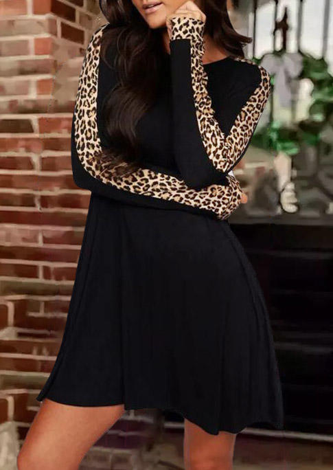 Leopard Long Sleeve O-Neck Mini Dress - Black
