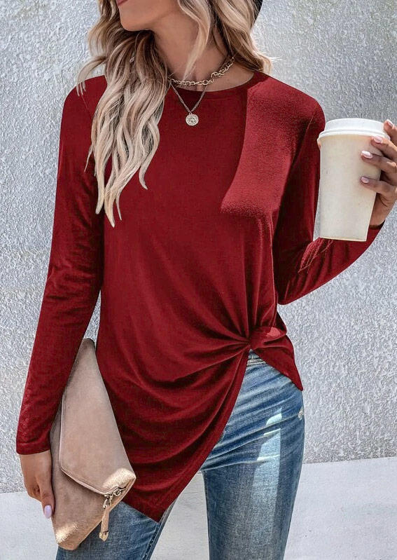

Twist Long Sleeve O-Neck Blouse - Burgundy, Red, SCM008746