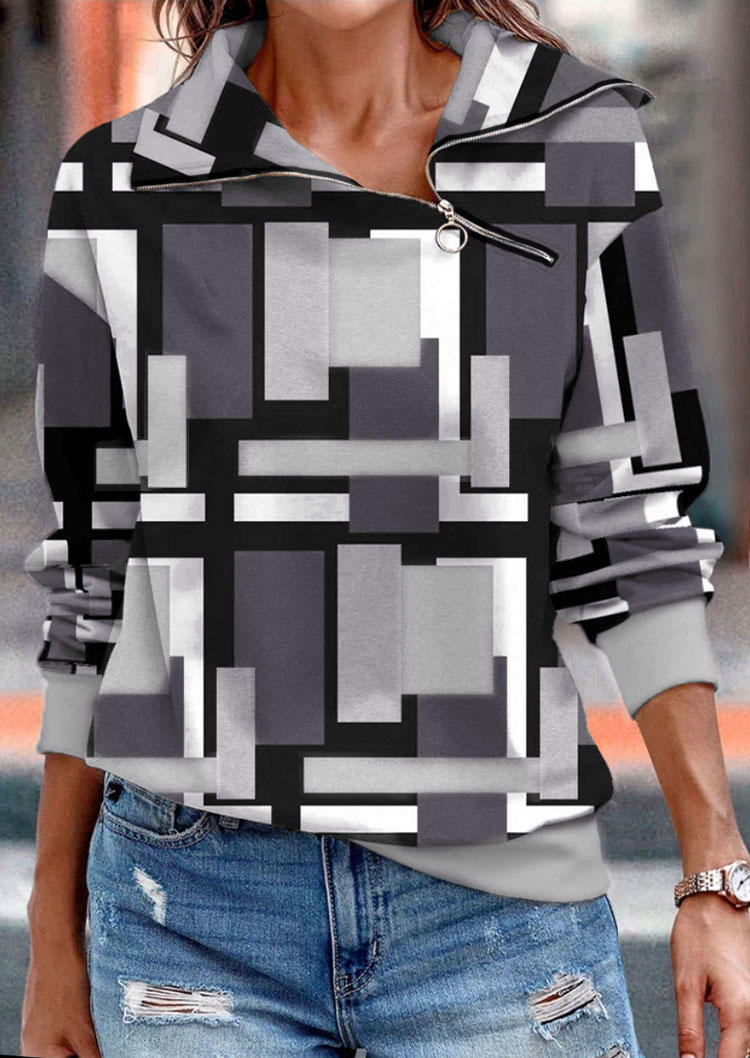 

Irregular Plaid Zipper Long Sleeve Sweatshirt - Gray, SCM008761
