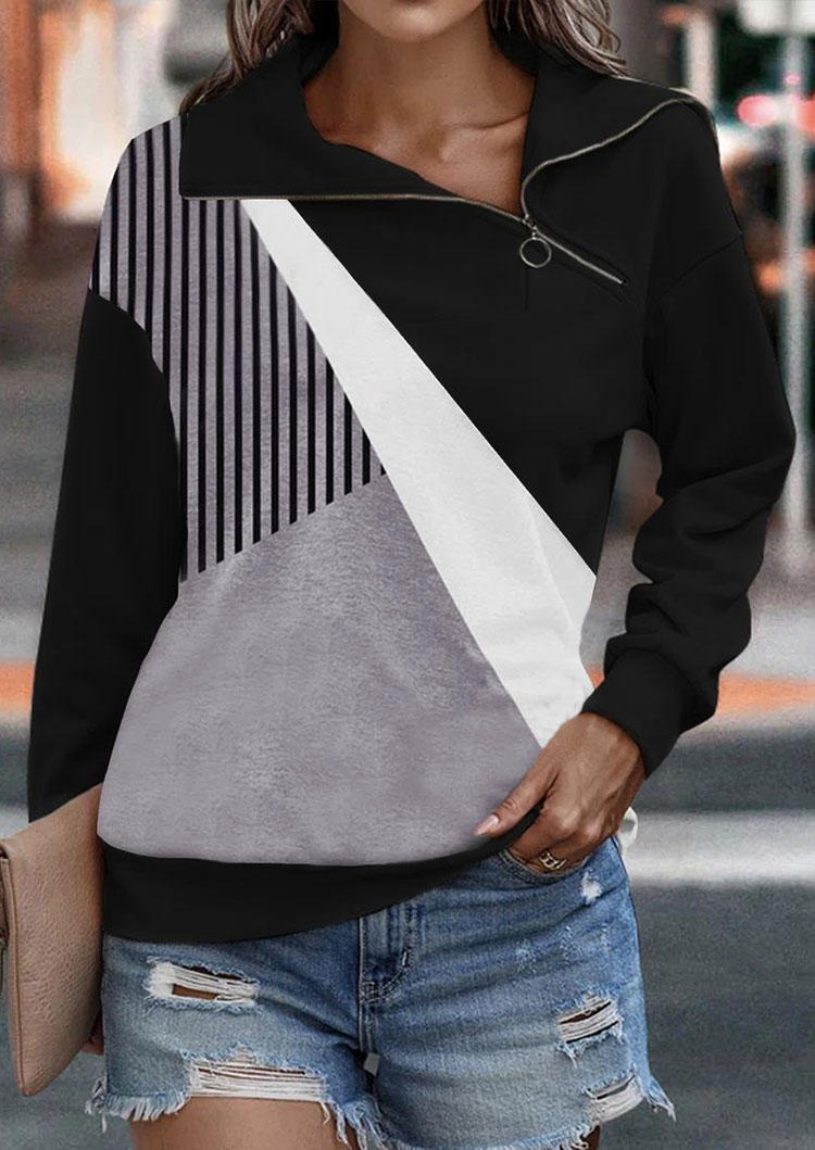 

Color Block Striped Zipper Sweatshirt - Black, SCM008801