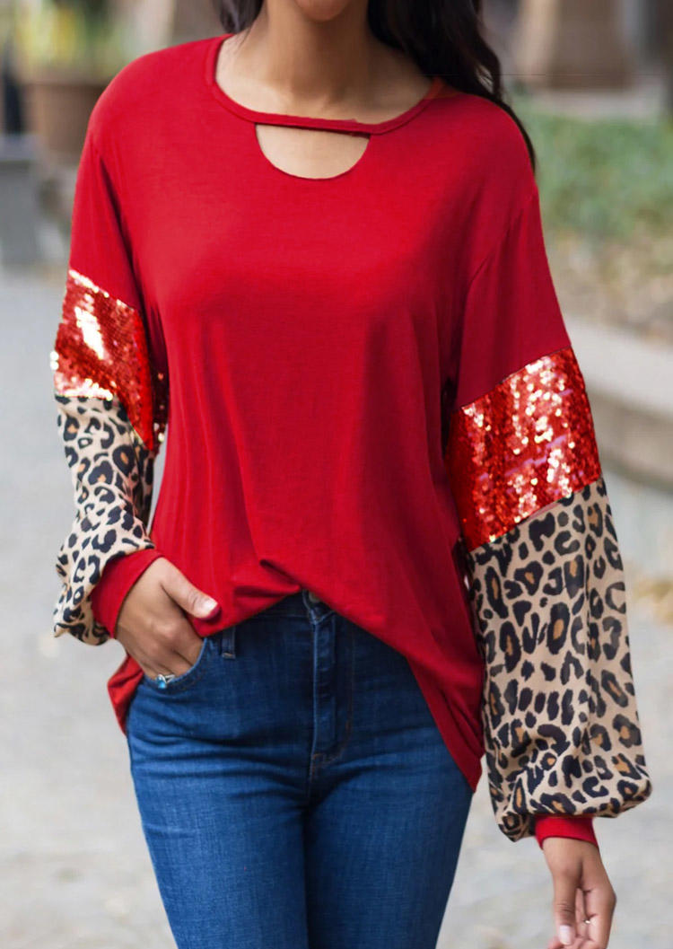 Leopard Sequined Keyhole Neck Blouse - Red