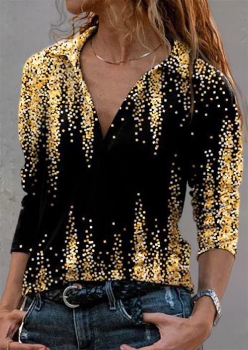 

Gradient Glitter Turn-Down Collar Blouse, Multicolor, SCM008974