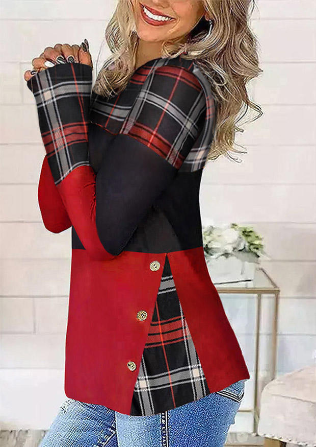 

Color Block Plaid Button V-Neck Blouse, Multicolor, SCM008977