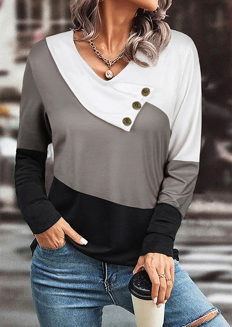 

Color Block Side Button Long Sleeve Blouse, Multicolor, SCM009058
