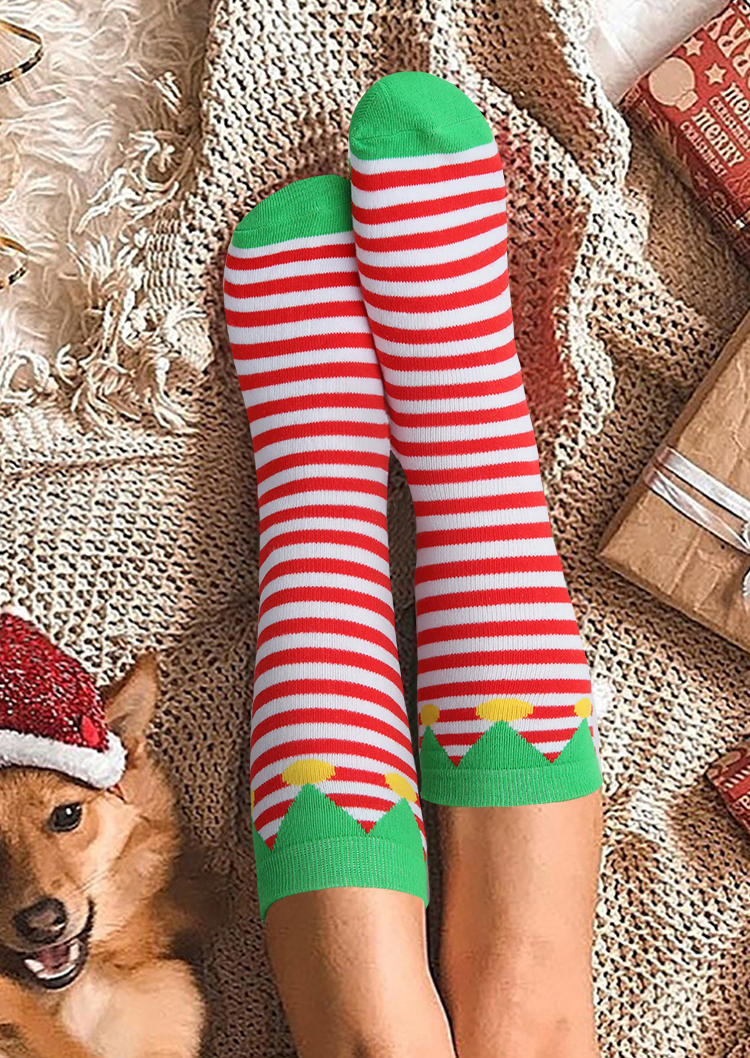 

Christmas Elves Striped Crew Socks, White, SCM009128