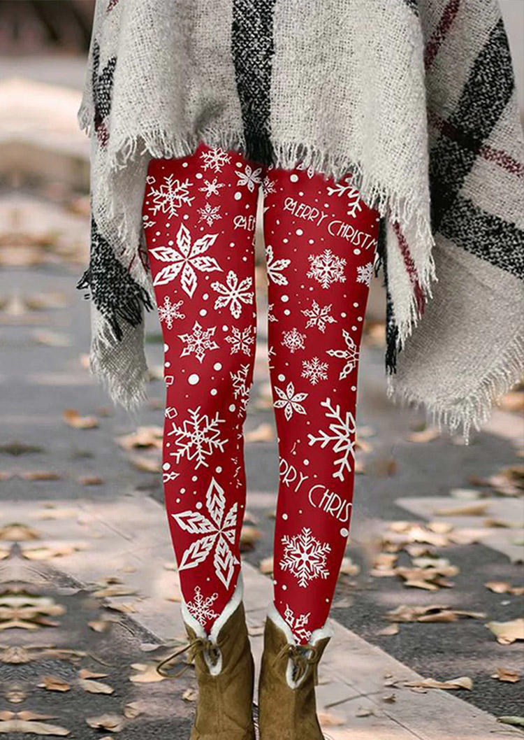 

Merry Christmas Snowflake Elastic Waist Skinny Leggings - Red, SCM009141