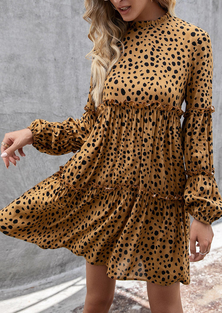 

Dot Ruffled Long Sleeve Mini Dress - Khaki, SCM009152