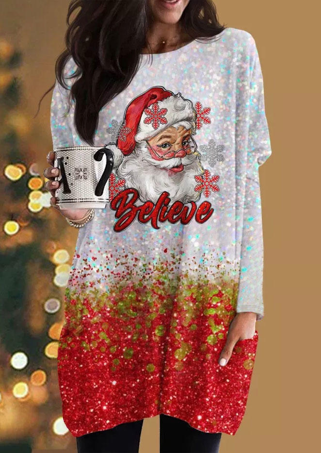 

Christmas Believe Snowflake Santa Claus Mini Dress, Multicolor, SCM009154
