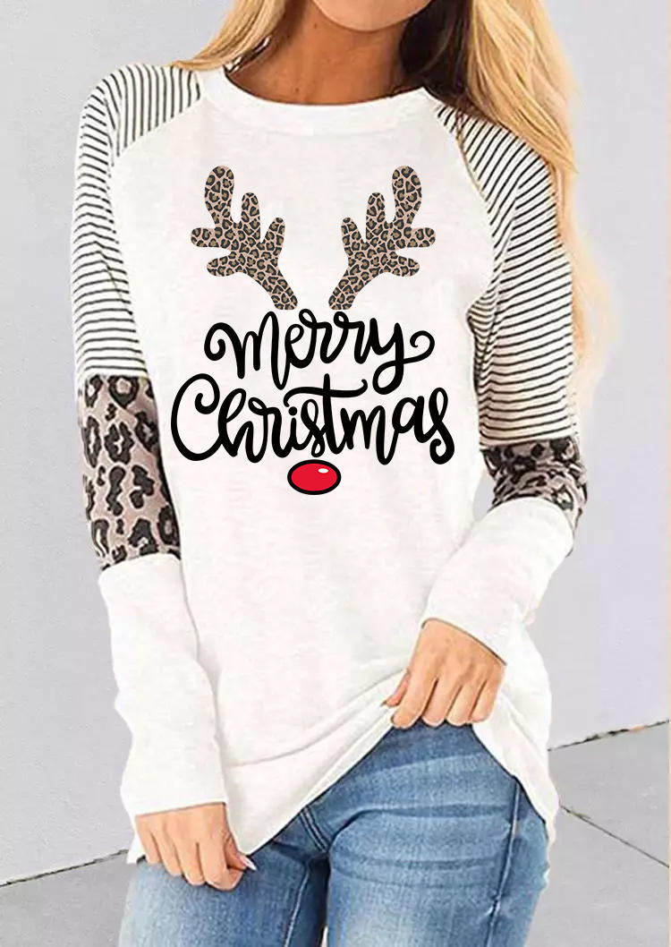 Merry Christmas Reindeer Leopard Striped T-Shirt Tee - White