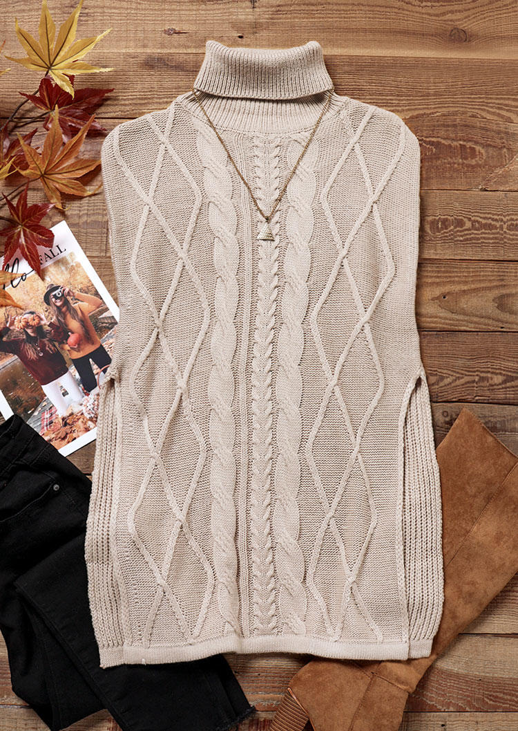 Knitted Slit Turtleneck Sweater - Khaki
