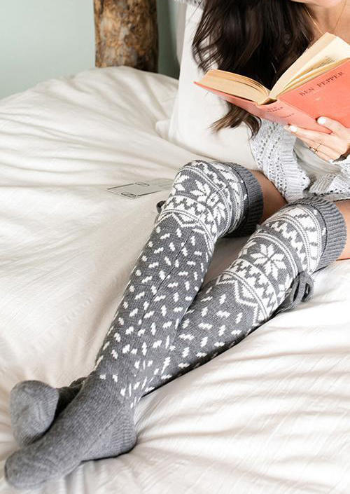 

Christmas Snowflake Warm Over Knee Socks - Gray, SCM009319