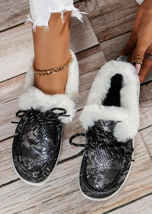 

Snake Skin Plush Lace Up Sneakers - Black, SCM009328