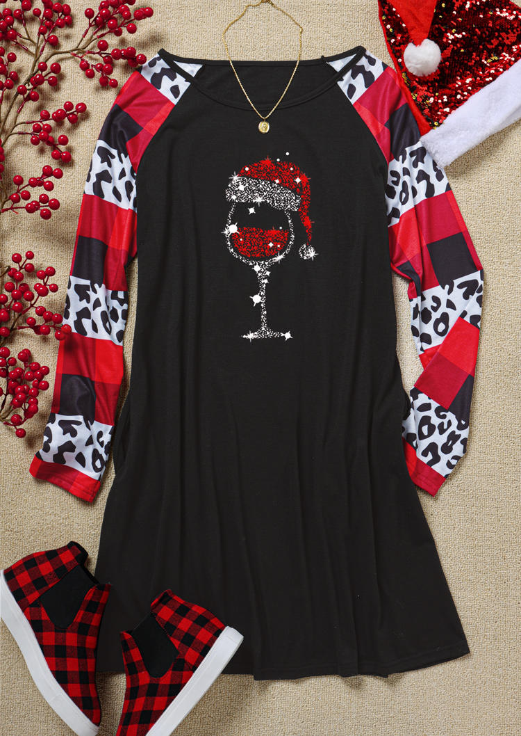 Christmas Hat Wine Glass Leopard Plaid Glitter Pocket Mini Dress - Black