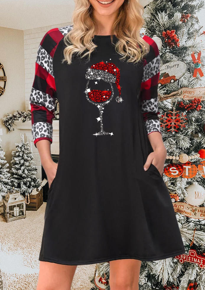 Christmas Hat Wine Glass Leopard Plaid Glitter Pocket Mini Dress - Black