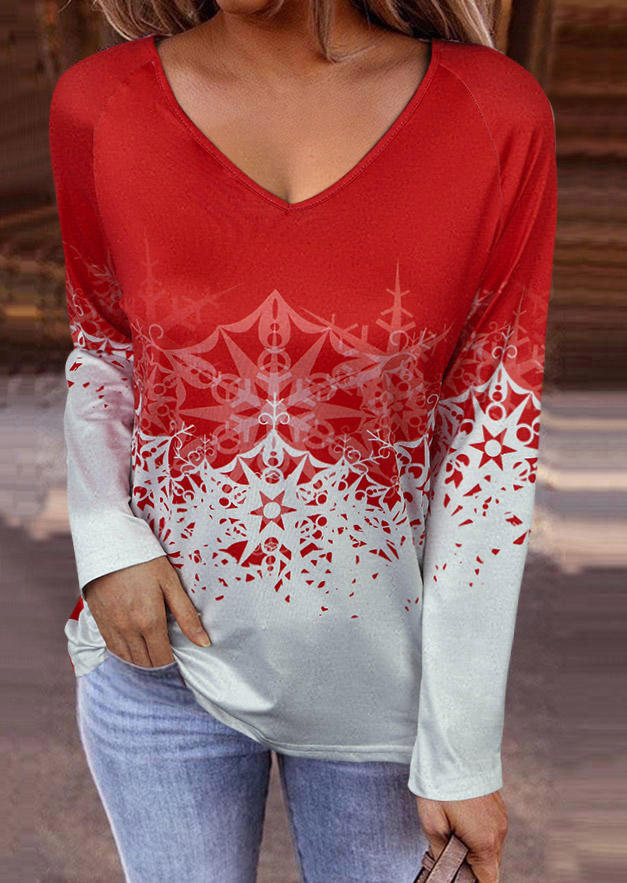 

Christmas Long Sleeve V-Neck Blouse - Red, SCM009379