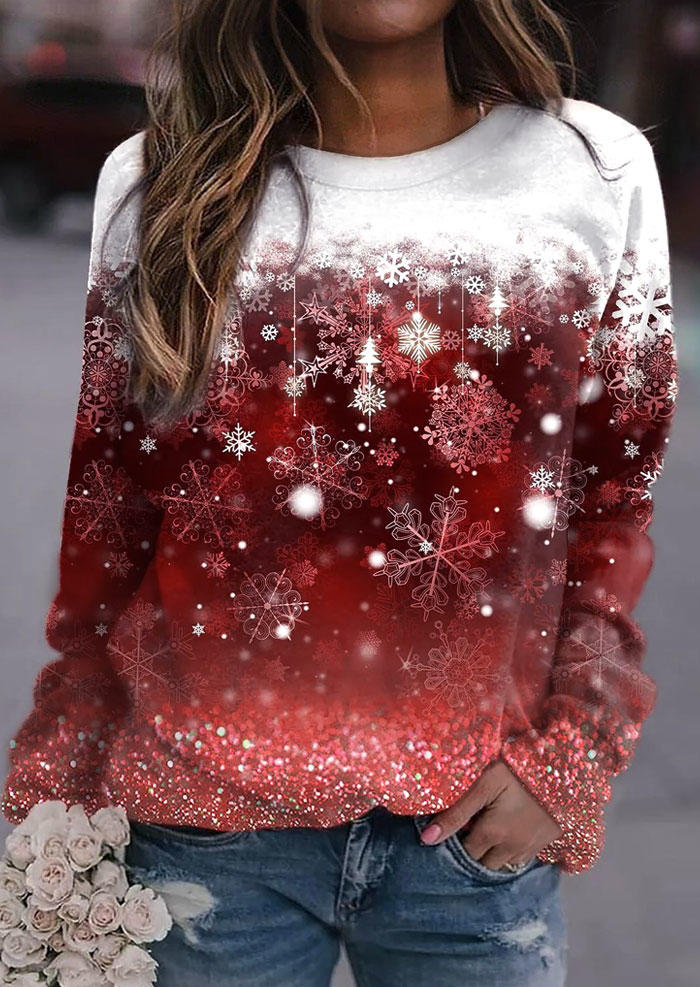 

Christmas Snowflake Gradient Glitter O-Neck Sweatshirt - Red, SCM009383