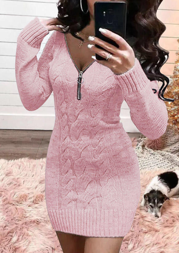 

Zipper Long Sleeve V-Neck Sweater Dress - Pink, SCM009490