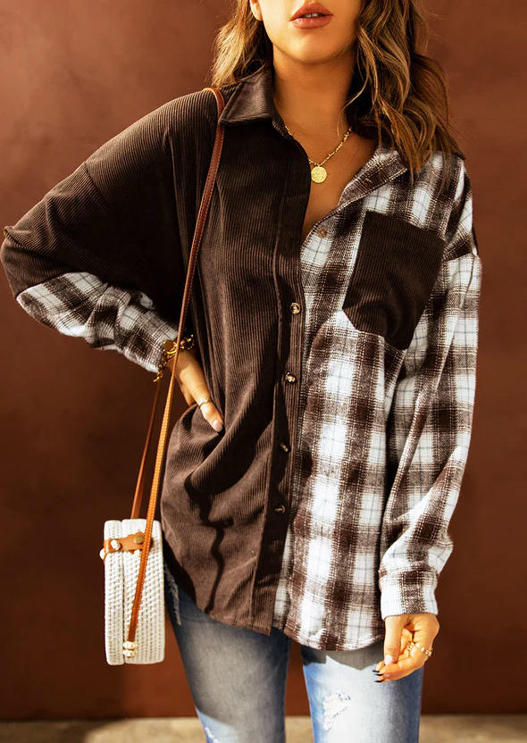 

Plaid Color Block Button Pocket Shirt Coat - Brown, SCM009555