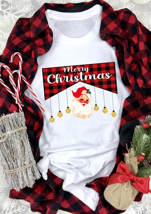 

Merry Christmas Plaid Santa Claus T-Shirt Tee - White, SCM009641