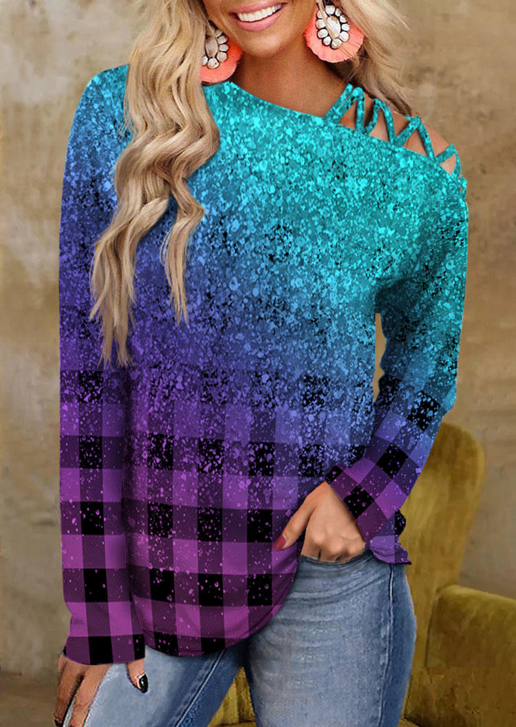 Gradient Plaid Glitter One Sided Cold Shoulder Blouse