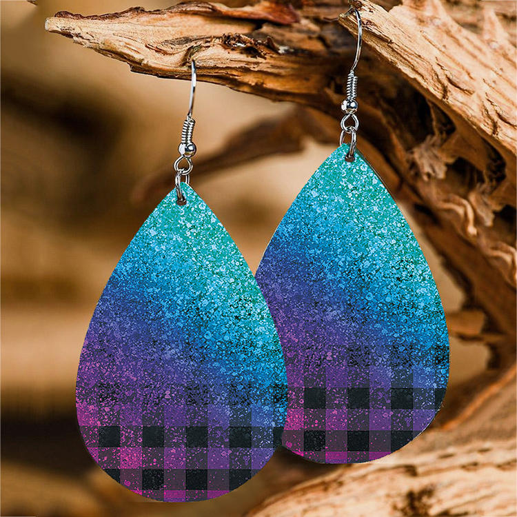 Gradient Glitter Plaid Water Drop Earrings